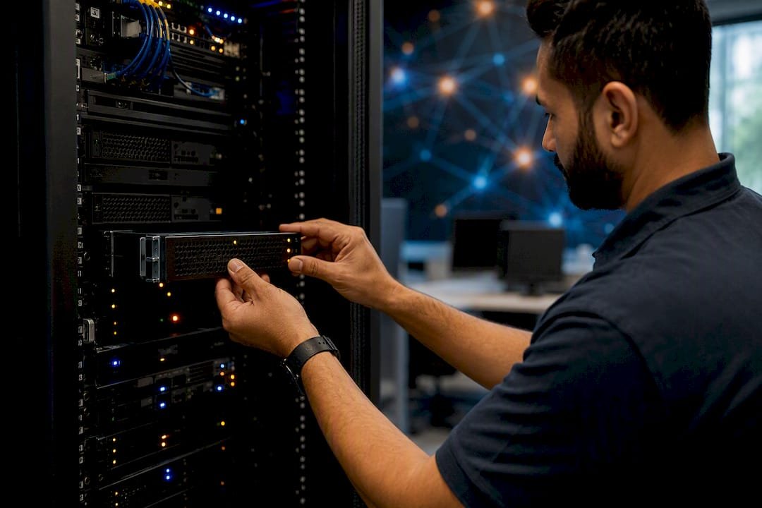 Hands installing encryption hardware module