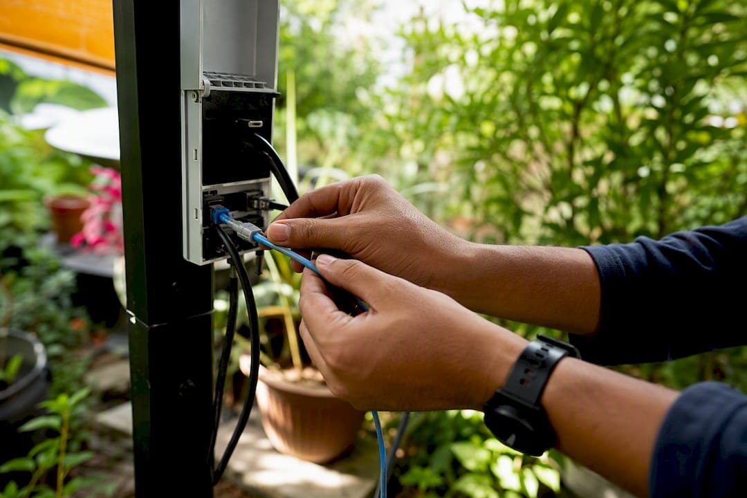 Hands plugging network cable into patch panel