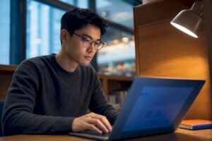 Learner studying cybersecurity coursework