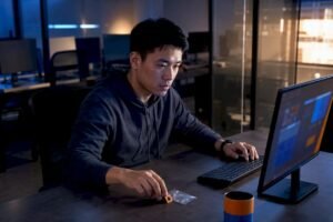Trainee practicing cybersecurity incident response