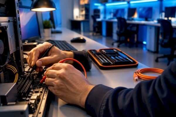 Hands troubleshooting computer hardware at training bench