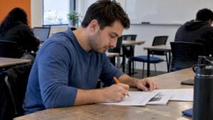 Learner reviewing a resume beside lab evidence