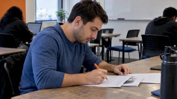 Learner reviewing a resume beside lab evidence