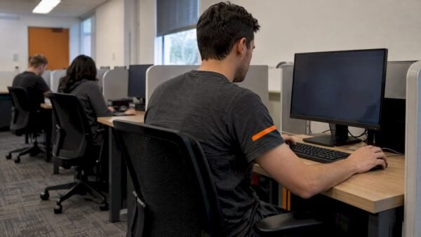 Candidate completing a practical cybersecurity exam