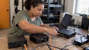 Student connecting computers in a cybersecurity lab