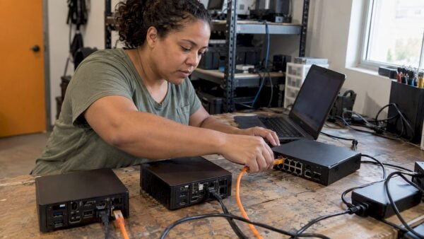 Student connecting computers in a cybersecurity lab