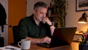 Adult studying cybersecurity at home after work