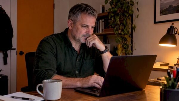 Adult studying cybersecurity at home after work